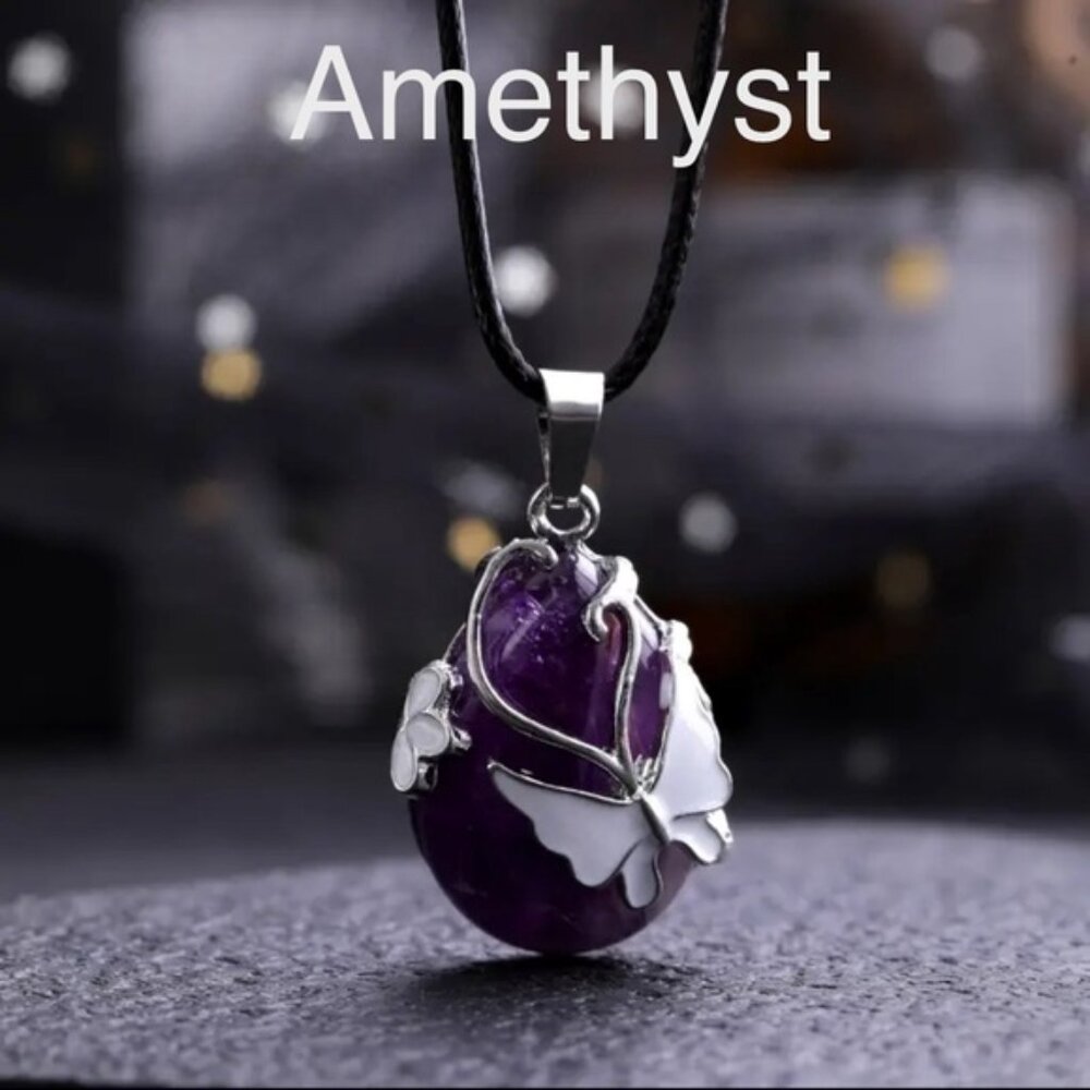 Amethyst Butterfly Gemstone Crystal Natural Stone Pendant Necklace Jewelry